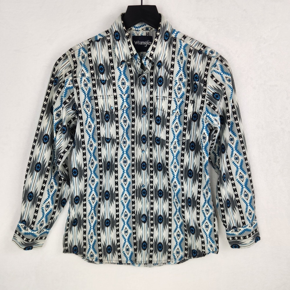Vintage Wrangler Western Shirt Boy's Large Blue Pearl Snap Aztec Cowboy Rodeo